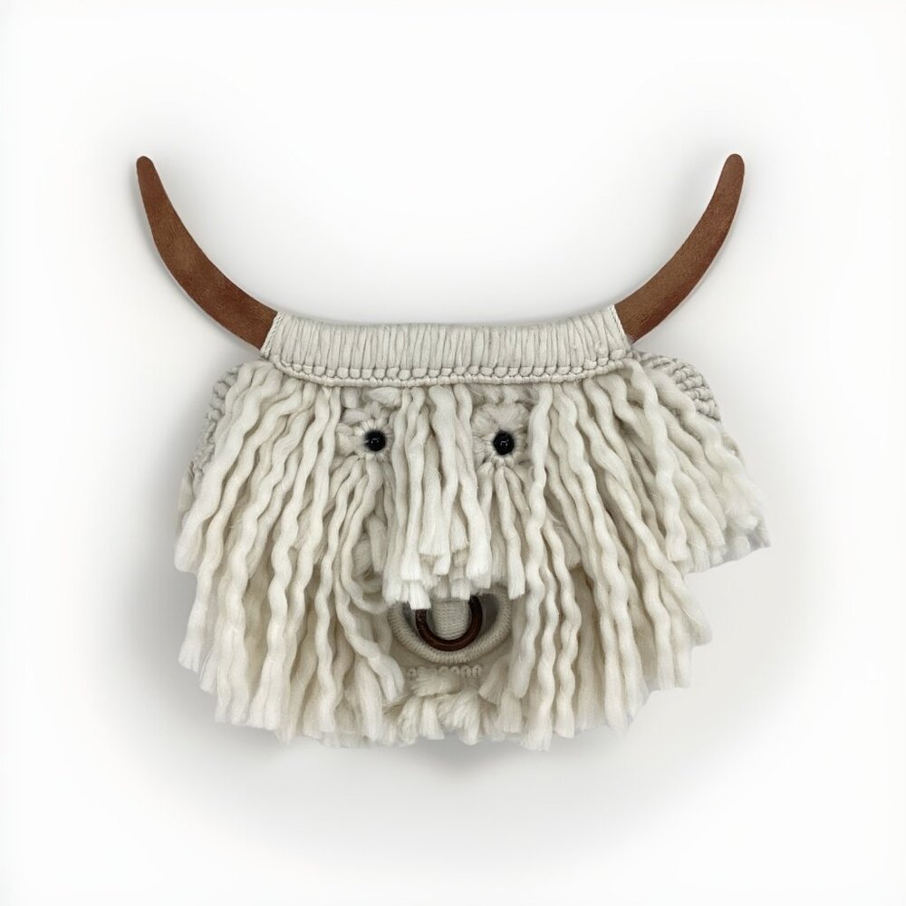 Macrame Highland Cow Wall Hanging Decor Yarn Bull Head Wooden Horns